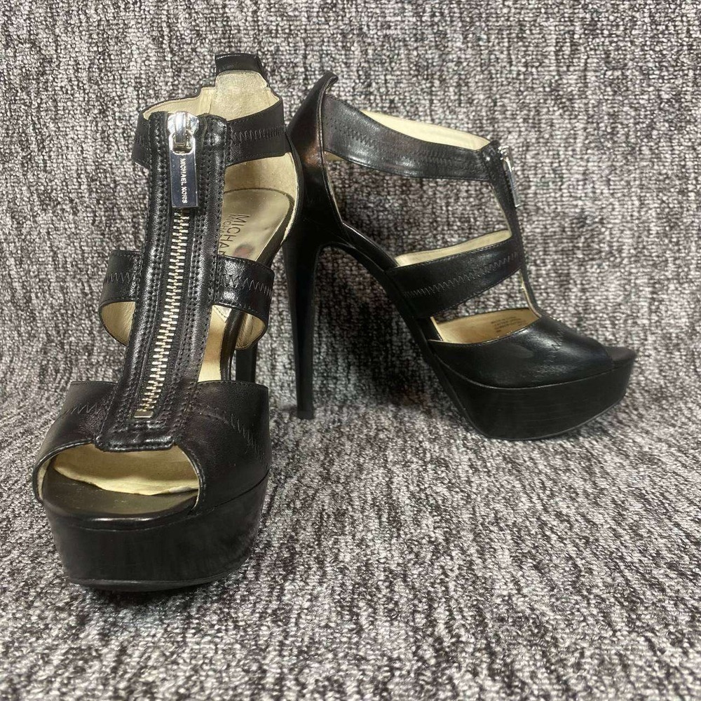 Michael Kors Berkley Platform Stiletto Sandals Women 8M Black Leather‎ Front Zip